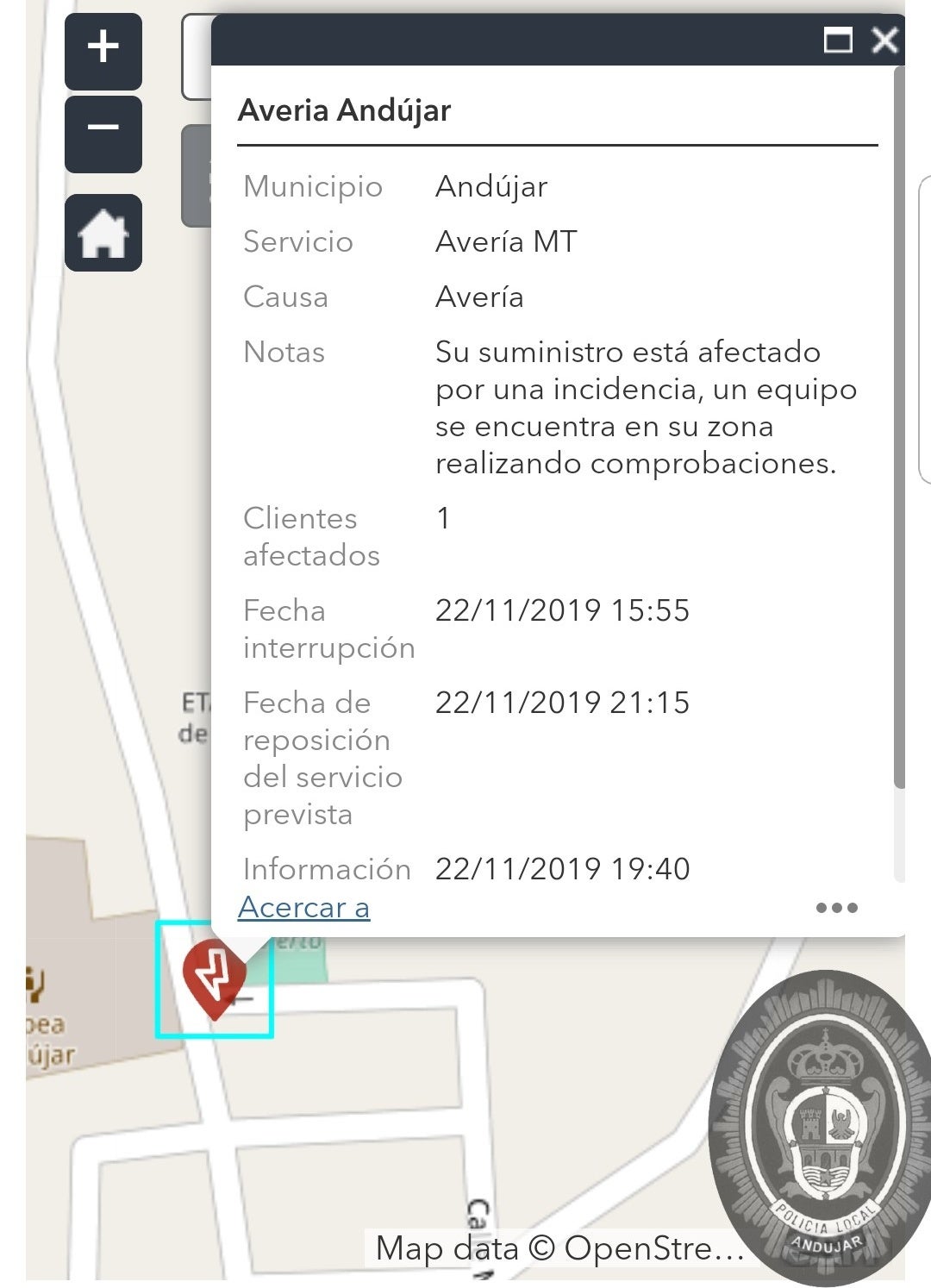 La lluvia provoca en Andújar cortes de carreteras e interrupciones en el suministro de luz y agua