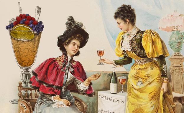 Iustración de dos mujeres tomando un sherry-cobbler tomada de un recetario alemán de 1901.