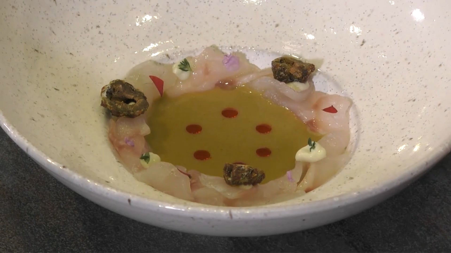 Escabeche de aceituna Gordal y lubina aquanaria por Chechu González