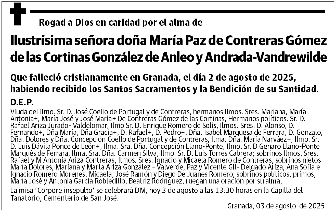 ILUSTRISIMA SEÑORA DOÑA MARÍA PAZ DE CONTRERAS GÓMEZ DE LAS CORTINAS GONZÁLEZ DE ANLEO Y ANDRADA-VANDREWILDE