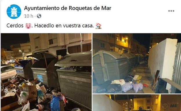 Polémica en el Facebook de Roquetas por llamar «cerdos» a los que tiran la basura fuera de los contenedores