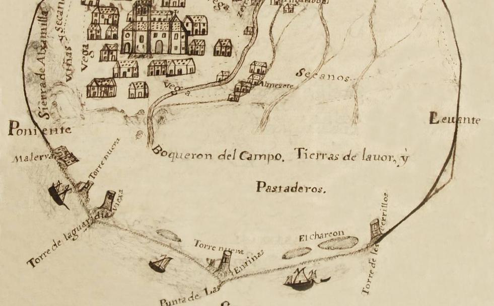 Mapa de Dalías y su campo del siglo XVIII. Se observan la Torre de las Entinas, la de Cerrillos y sus salinas. 