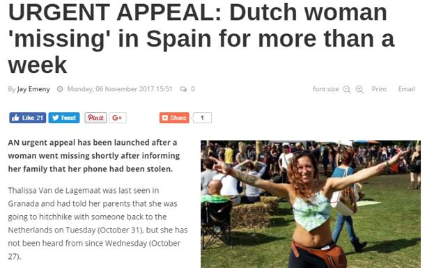 La extraña desaparición de una holandesa vista la última vez en Granada y con su Facebook activo