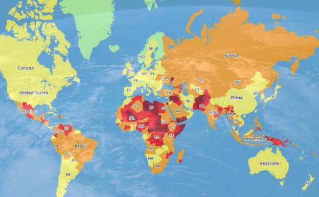 El mapa de los países más peligrosos para viajar