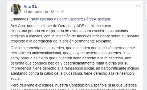 La carta de una estudiante de Granada a Iglesias y Sánchez que da la vuelta a España: "Su misión es protegernos"