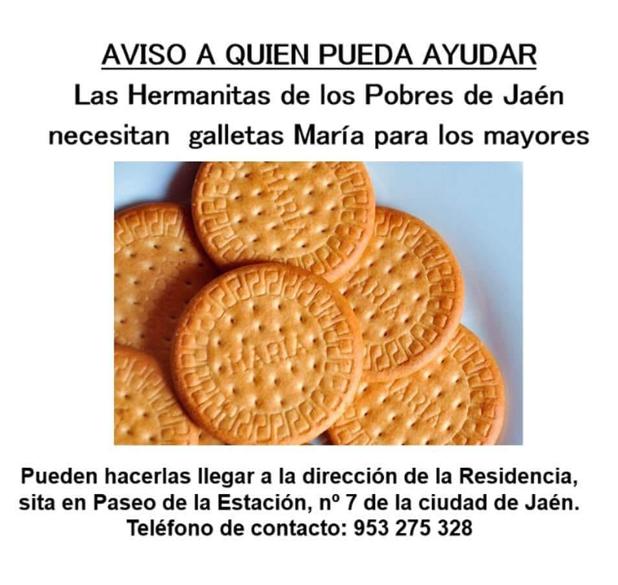 Las Hermanitas de los Pobres necesitan galletas María para sus mayores en Jaén