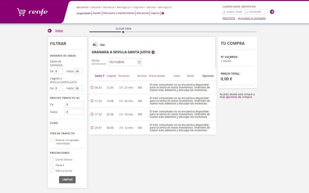 Renfe bloquea los billetes desde Granada a todos los destinos excepto a Madrid