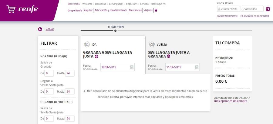 Renfe no da explicación al bloqueo en la venta de billetes para Granada que dura ya nueve días