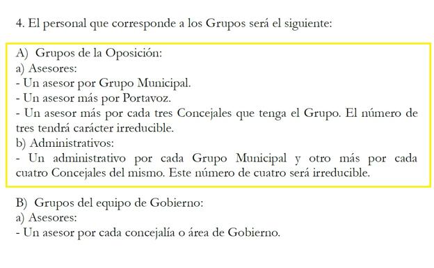 El reglamento local obligaría a dar al menos ocho asesores a los socialistas