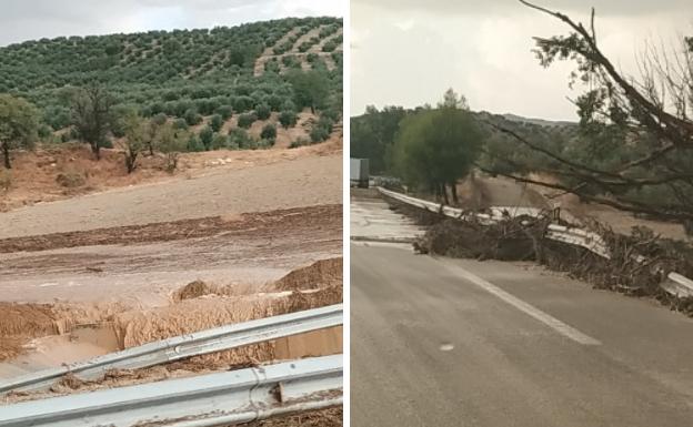 Una tromba de agua corta la A-44 entre Granada y Jaén a la altura de Campotéjar