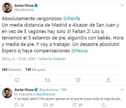 El actor Gorka Otxoa lleva a Twitter su indignación por el tren Jaén-Madrid