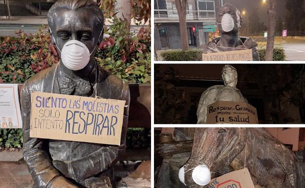 Colocan mascarillas y carteles en las estatuas de Granada para denunciar la alta contaminación