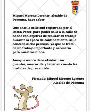 Permiso del alcalde de Porcuna para que el Ratoncito Pérez pueda salir, a pesar del coronavirus