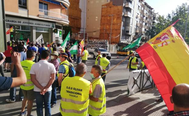Cacerolada y protesta airada de olivareros ante la sede de las organizaciones agrarias en Jaén