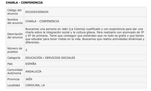 Polémica por un anuncio del SAE que busca a un monitor de «cultura gitana» para enseñar a niños de Jaén «que no todo es gratis»