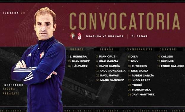David García, única novedad en la convocatoria del Osasuna ante el Granada