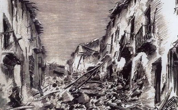 Ilustración del estado en que quedó la calle Alta de Mesones de Alhama en el terremoto de 1884./IDEAL