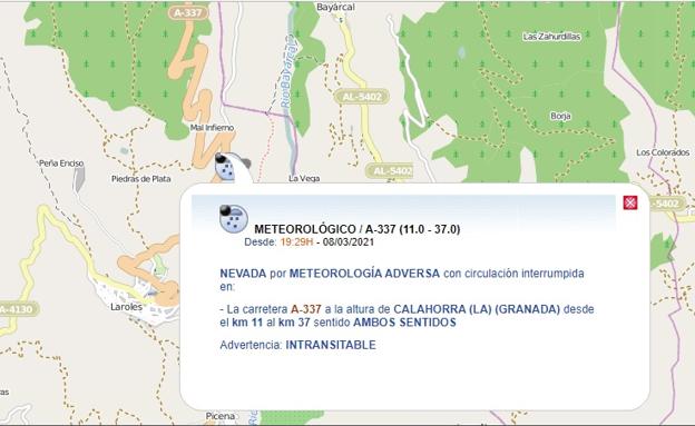 Cortada la A-337 entre los kilómetros 11 y 37 en La Calahorra por acumulación de nieve