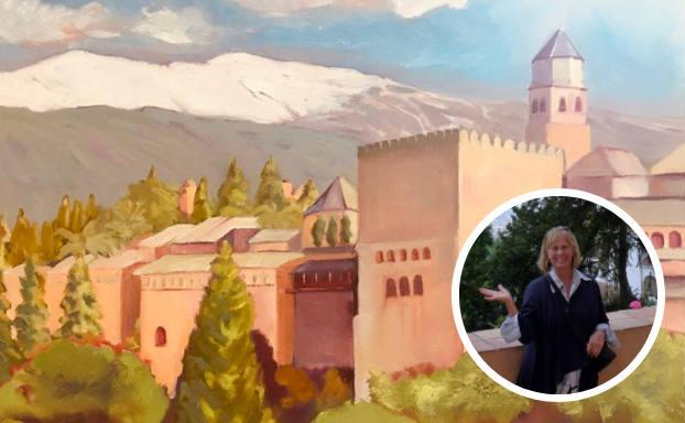 En la imagen principal, el cuadro que pintó de la Alhambra. En la foto pequeña, Donna durante su segundo viaje a Granada./DONNA CARRICK