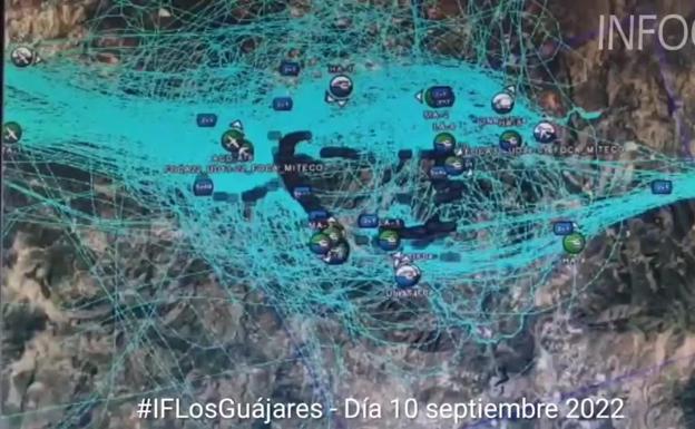 El time lapse del Infoca con las trayectorias de todos los aviones que han actuado en Los Guájares