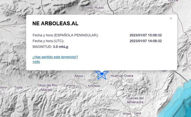 Registrado un terremoto de magnitud 3 en Almería con epicentro en Arboleas