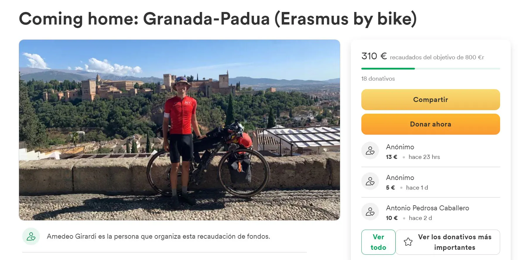 El italiano que viajó hasta su Erasmus en Granada en bicicleta lanza un crowdfunding para volver a casa