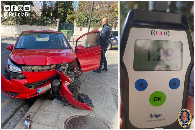 Destroza su coche en Granada y da positivo en alcohol a las 12 de la mañana de un lunes