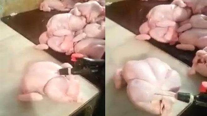 Inflan los pollos con agua a presión antes de venderlos al público
