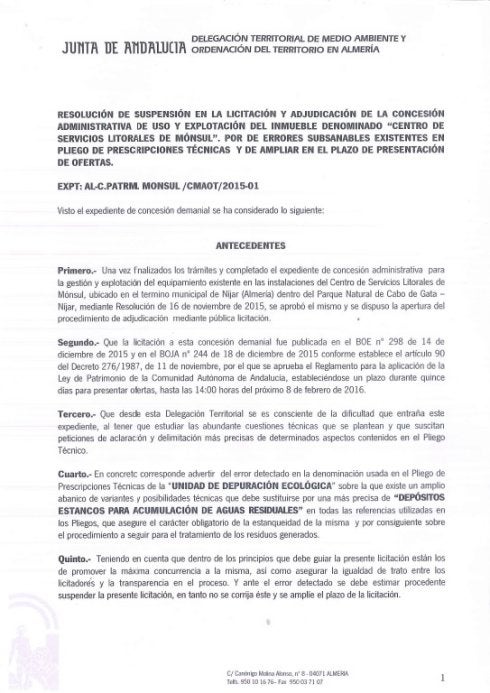 Medio Ambiente suspende la licitación del bar de Mónsul por «errores» en el pliego