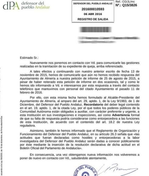 El Defensor advierte formalmente al equipo de gobierno por no atender a sus requerimientos