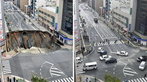 Obreros japoneses arreglan un enorme socavón en una calle en sólo 48 horas