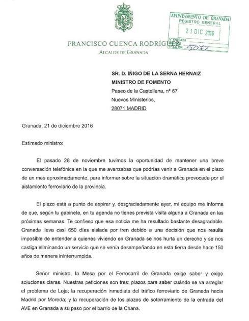 El alcalde de Granada reclama al ministro de Fomento por carta que venga a dar explicaciones