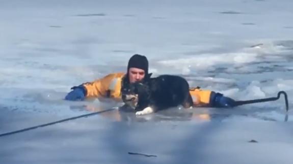 Un bombero arriesga su vida en un estanque congelado para salvar a un perro