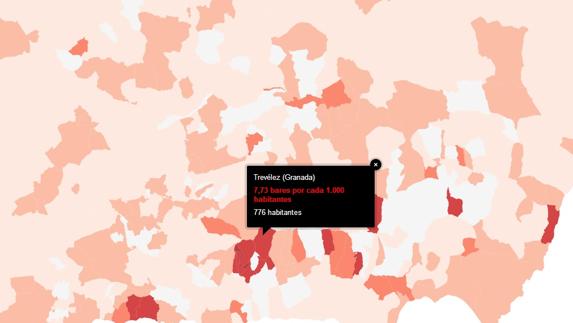 ¿Cuáles son los pueblos de la provincia de Granada con más bares por habitante? ¿Y de España?
